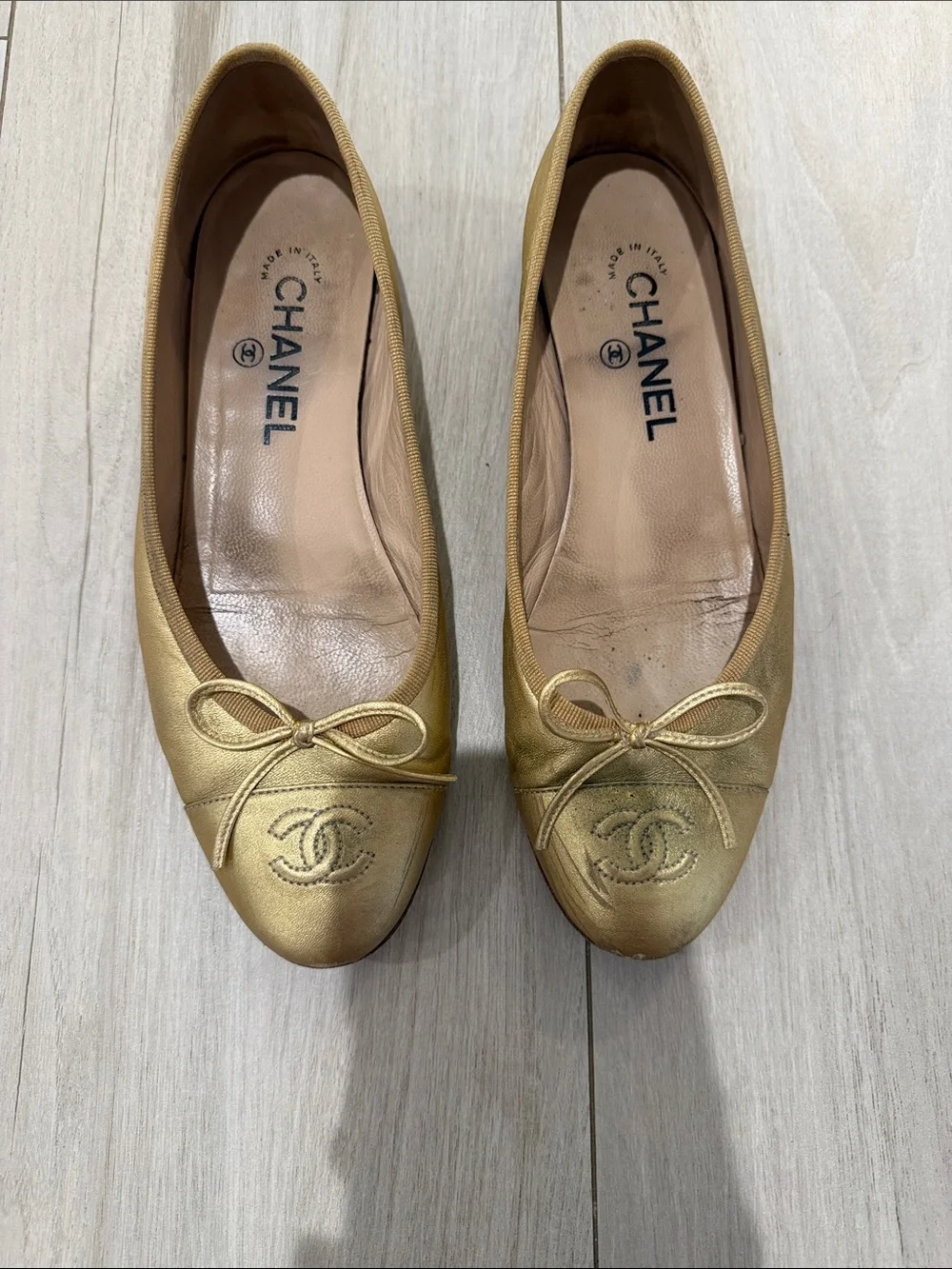 CHANEL Classic Leather Ballet Flats in Gold Size 38